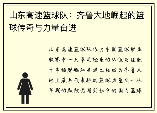 山东高速篮球队：齐鲁大地崛起的篮球传奇与力量奋进
