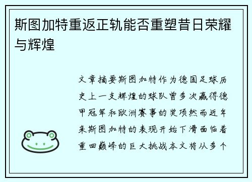 斯图加特重返正轨能否重塑昔日荣耀与辉煌